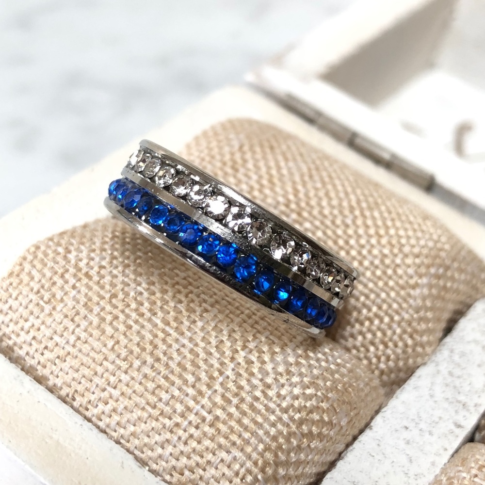 Stainless Steel White & Blue Rhinestones Double Rows Channel Set Wedding Ring